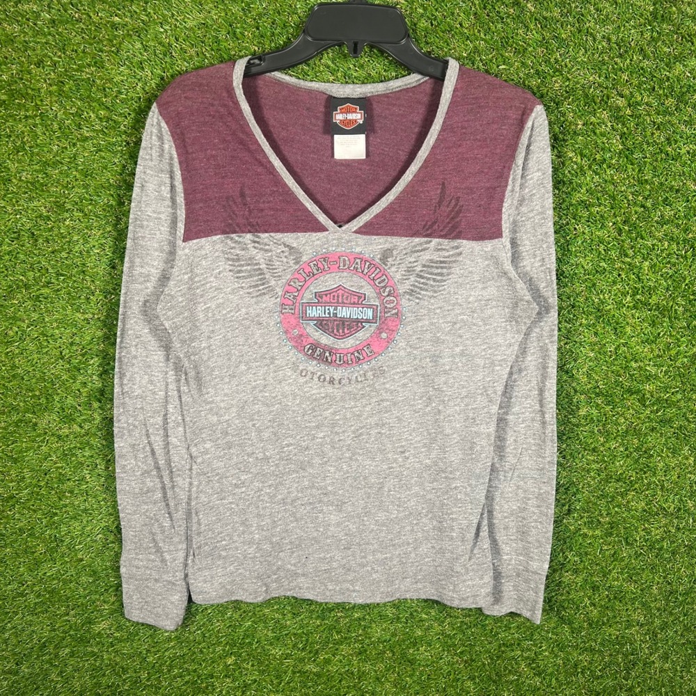 Harley Davidson Womens‎ Long Sleeve V Neck Graphic T Shirt Gray Burgundy Size L
